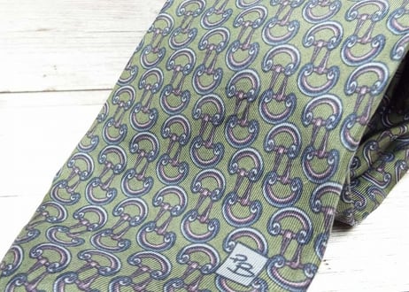 【気品を感じるヨーロピアンネクタイ】イタリア製 PIERRE BALMAIN PARIS ピエールバルマン 鎖くさり　総柄ネクタイ　グリーン緑　15000095