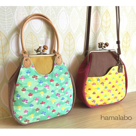 (販売休止予定)【HA-2382】12cm角型口金/ネコ玉×薄茶色の細キノコ/アンティークゴールド