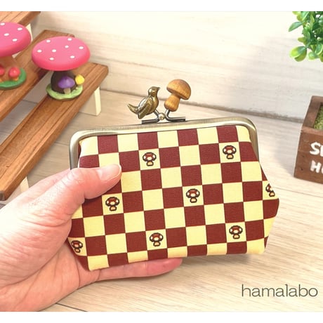 【HA-2318】12cm角型口金/小鳥のピースケ×薄茶色の細キノコ/アンティークゴールド