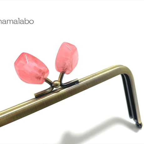 【HA-2407】12cm角型口金/天然石風のストーン(ピンク)/アンティークゴールド