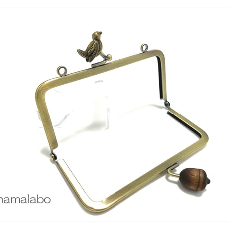 【HA-2412】12cm角型口金/小鳥のピースケ×茶色のどんぐり/アンティークゴールド/カン付き