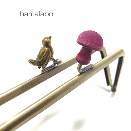 【HA-2319】12cm角型口金/小鳥のピースケ×紫色の細キノコ/アンティークゴールド