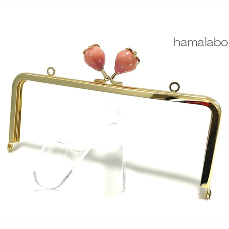 【HA-2373】18cm角型口金/イチゴ(ピンク色)/ゴールド/カン付き