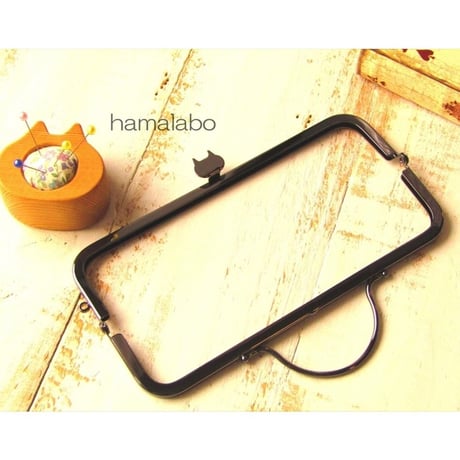 【HA-1626】ネコ型タイプ！持ち手付きの押し口金16.5cm/角型(ブラック)