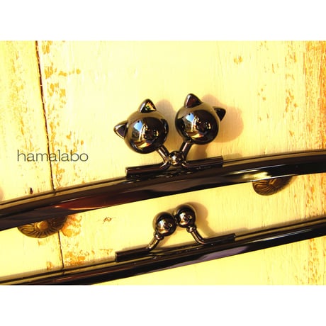 【HA-450】親子口金19cm(ネコ玉×ブラック)・カン付