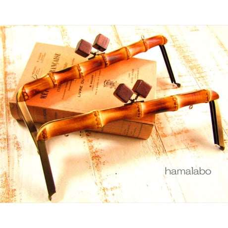 【HA-2171】竹の口金24cm(大きな茶色の木キューブ×アンティークゴールド)・兼用カン付き