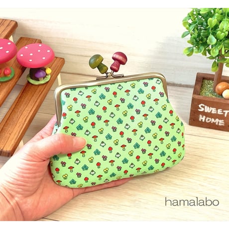 【HA-2319】12cm角型口金/小鳥のピースケ×紫色の細キノコ/アンティークゴールド