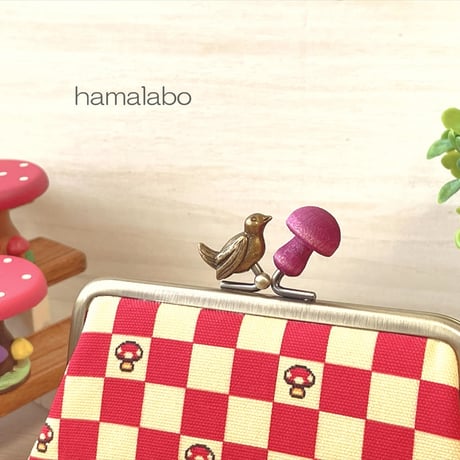 【HA-2319】12cm角型口金/小鳥のピースケ×紫色の細キノコ/アンティークゴールド