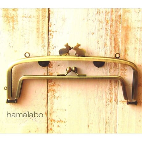【HA-1706】親子口金19cm(ペアウサギ×アンティークゴールド)・カン付き