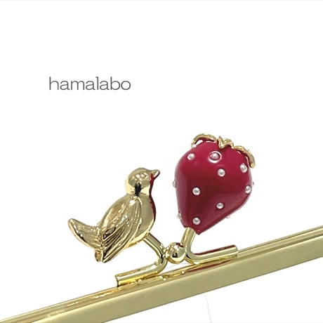 【HA-2306】12cm角型口金/小鳥のピースケ×イチゴ(赤色)/ゴールド