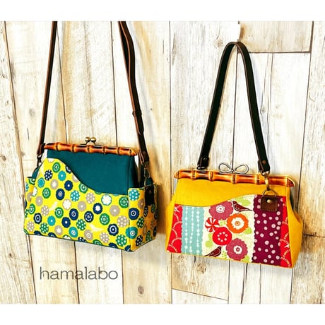 【HA-2171】竹の口金24cm(大きな茶色の木キューブ×アンティークゴールド)・兼用カン付き