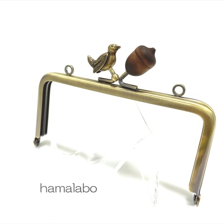 【HA-2412】12cm角型口金/小鳥のピースケ×茶色のどんぐり/アンティークゴールド/カン付き