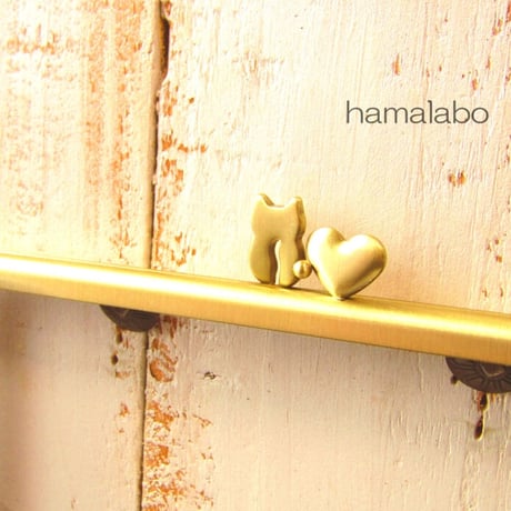 【HA-2093】ハート猫(ネコラブ)の口金 17.7cm/角型(アンティークゴールド)