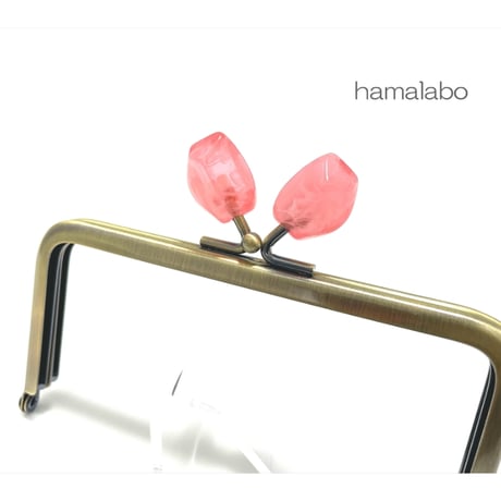 【HA-2407】12cm角型口金/天然石風のストーン(ピンク)/アンティークゴールド