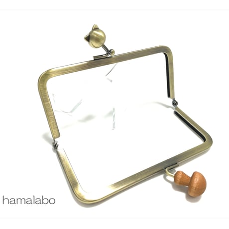 (販売休止予定)【HA-2382】12cm角型口金/ネコ玉×薄茶色の細キノコ/アンティークゴールド