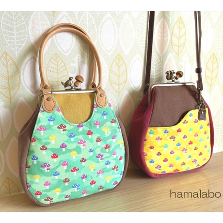 【HA-2318】12cm角型口金/小鳥のピースケ×薄茶色の細キノコ/アンティークゴールド