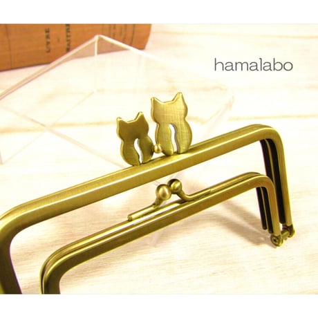 (廃盤予定)【HA-1976】「ネコの親子」の親子口金 12cm/角型(アンティークゴールド)