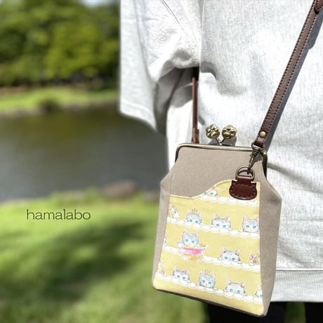 【HA-1570】オコシ式口金12cm/角型(ネコ×ブラック)