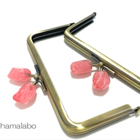 【HA-2407】12cm角型口金/天然石風のストーン(ピンク)/アンティークゴールド