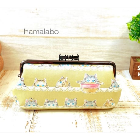 【HA-2030】ぽっちゃりネコ太の口金 16.5cm/角型(アンティークゴールド)