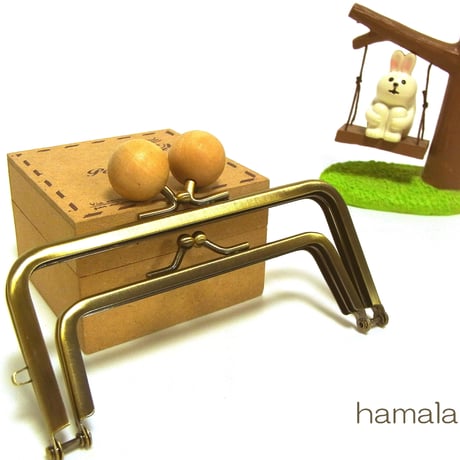 【HA-1233】親子口金 12cm(ちょっと大きなナチュラル色の木玉×アンティークゴールド)
