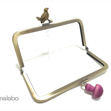 【HA-2319】12cm角型口金/小鳥のピースケ×紫色の細キノコ/アンティークゴールド