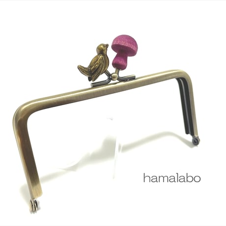 【HA-2319】12cm角型口金/小鳥のピースケ×紫色の細キノコ/アンティークゴールド