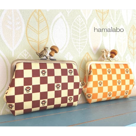 【HA-2319】12cm角型口金/小鳥のピースケ×紫色の細キノコ/アンティークゴールド