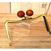 【HA-1449】12cmＭ字型(ネコ耳型)の口金（ちょっと大きい茶色の木玉×アンティークゴールド)