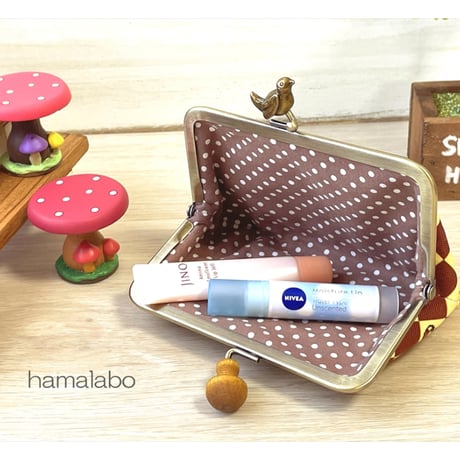 【HA-2318】12cm角型口金/小鳥のピースケ×薄茶色の細キノコ/アンティークゴールド