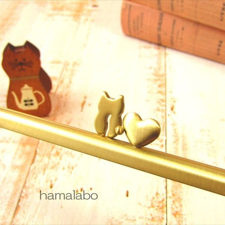 【HA-2093】ハート猫(ネコラブ)の口金 17.7cm/角型(アンティークゴールド)