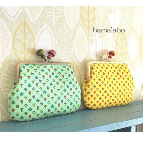 【HA-2319】12cm角型口金/小鳥のピースケ×紫色の細キノコ/アンティークゴールド