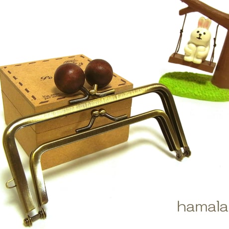 【HA-1229】親子口金 12cm(ちょっと大きな茶色の木玉×アンティークゴールド)