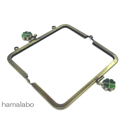 【HA-181】幸せの四つ葉のクローバー口金(12cm角型カン付き-アンティーク×グリーン-)