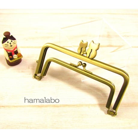 (廃盤予定)【HA-1976】「ネコの親子」の親子口金 12cm/角型(アンティークゴールド)