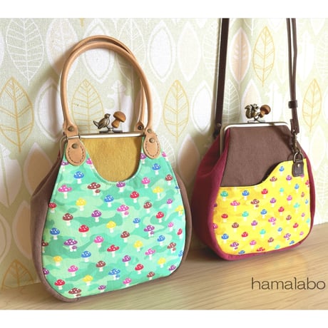 【HA-2319】12cm角型口金/小鳥のピースケ×紫色の細キノコ/アンティークゴールド