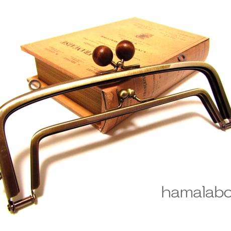 【HA-350】親子口金 19cm(茶色の木玉×アンティークゴールド)・カン付き