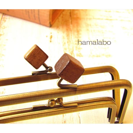 【HA-1762】親子口金 12cm(茶色の木キューブ×アンティークゴールド)