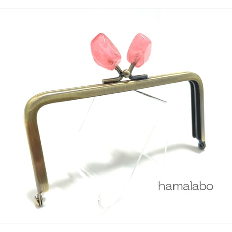 【HA-2407】12cm角型口金/天然石風のストーン(ピンク)/アンティークゴールド