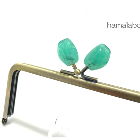 【HA-2409】12cm角型口金/天然石風のストーン(グリーン)/アンティークゴールド