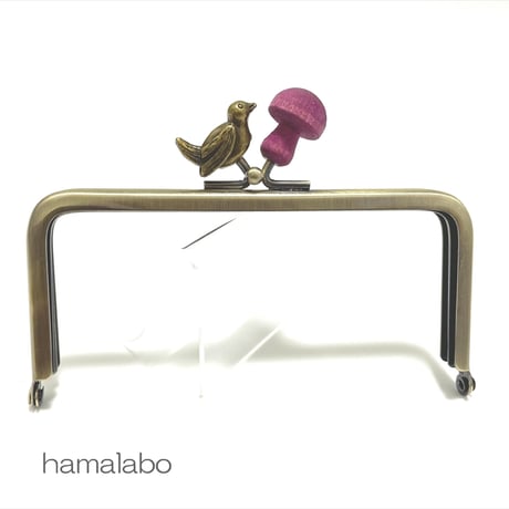 【HA-2319】12cm角型口金/小鳥のピースケ×紫色の細キノコ/アンティークゴールド