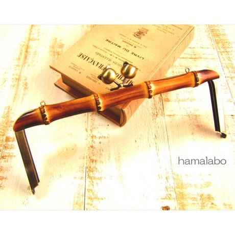 【HA-2173】竹の口金24cm(大きなネコ×アンティークゴールド)・兼用カン付き