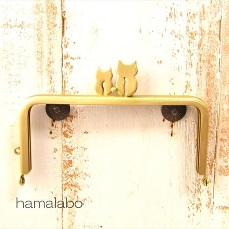 【HA-1972】「ネコの親子」の口金 12cm/角型(アンティークゴールド)