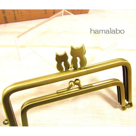 (廃盤予定)【HA-1976】「ネコの親子」の親子口金 12cm/角型(アンティークゴールド)