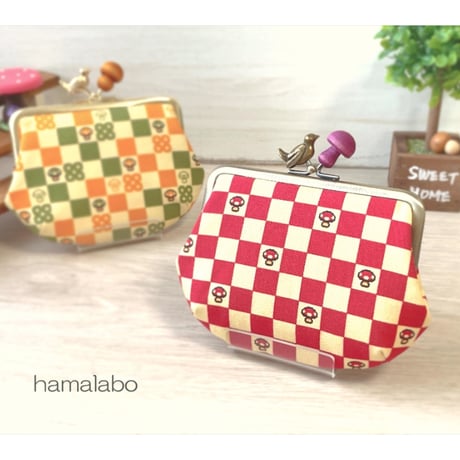 【HA-2319】12cm角型口金/小鳥のピースケ×紫色の細キノコ/アンティークゴールド