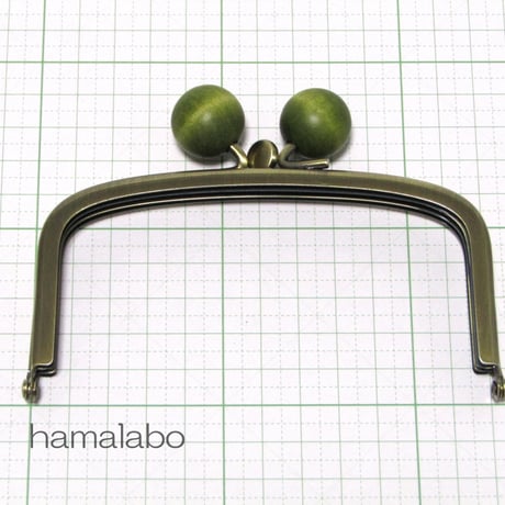 【HA-148】三枚口(二口口金)12cm/(抹茶色の木玉×アンティークゴールド)