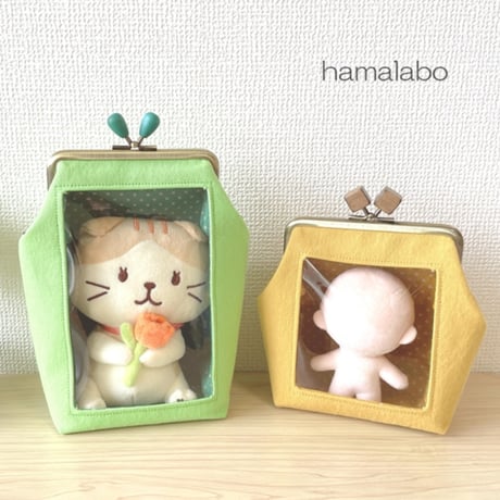 (販売休止予定)【HA-2382】12cm角型口金/ネコ玉×薄茶色の細キノコ/アンティークゴールド