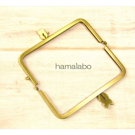 【HA-1972】「ネコの親子」の口金 12cm/角型(アンティークゴールド)