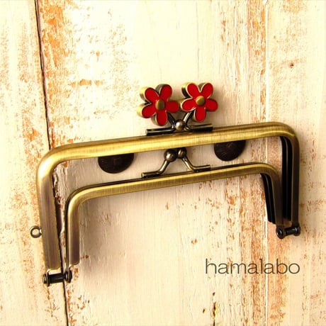 【HA-1748】親子口金 12cm(メタルフラワー赤×アンティークゴールド)