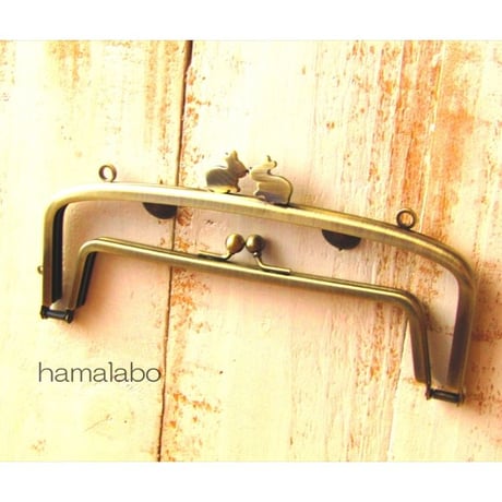 【HA-1706】親子口金19cm(ペアウサギ×アンティークゴールド)・カン付き